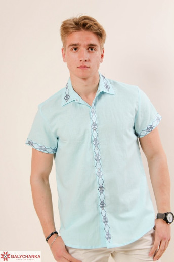 Купить мужскую вышитую рубашку Независимость  воротник (голубой с серым) в Украине от Галычанка